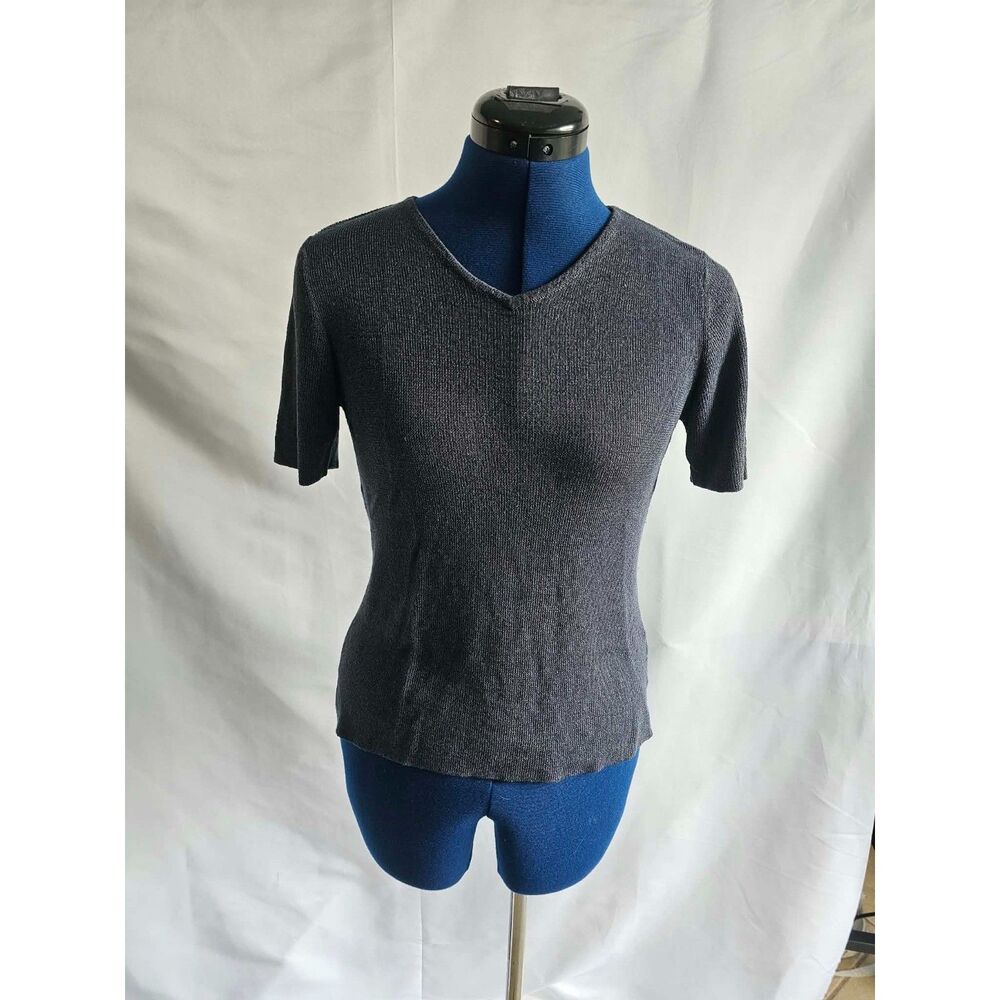 Worthington Petite Large Gray Knit V Neck Top Short Sleeve Office Minimalist